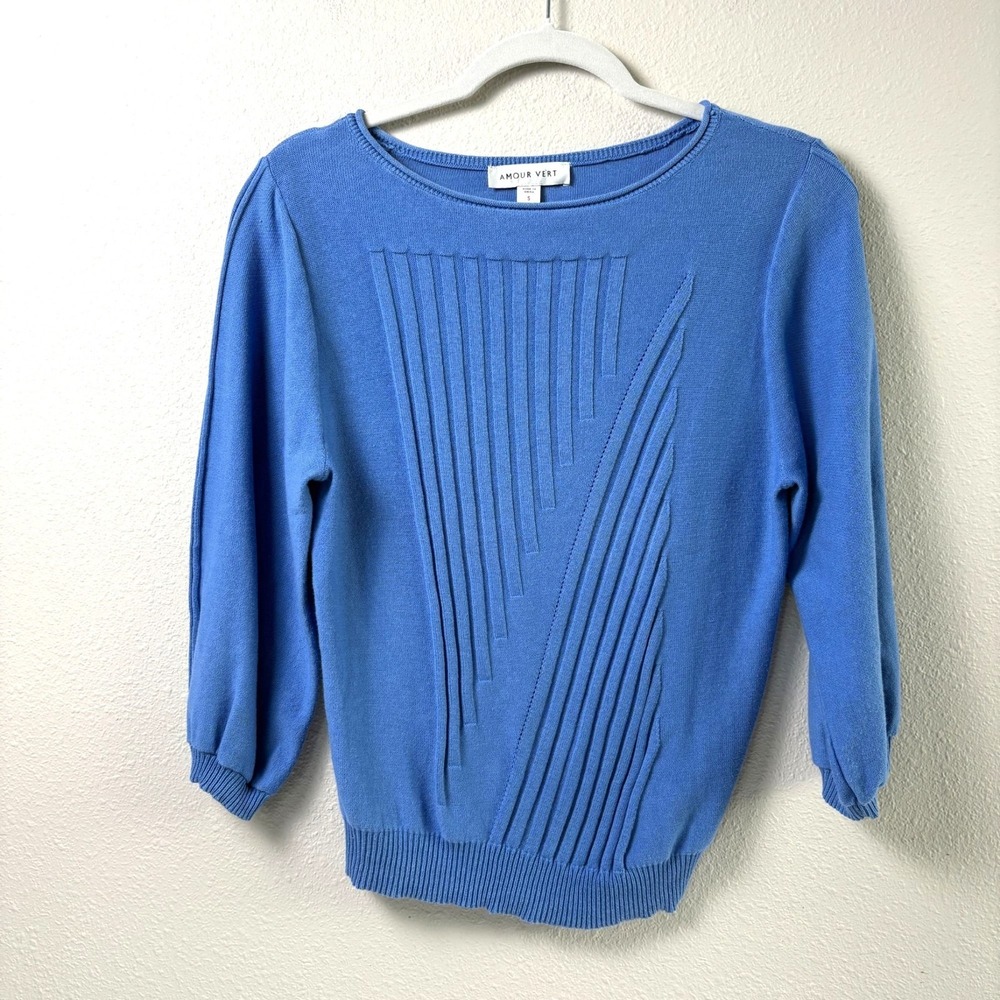 Amour Vert Knit Sweater Women Small Blue Ribbed Textured Organic Cotton Pullover